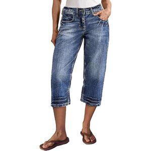 Women's Cotton Spandex Mid Rise Straight Leg Capri Jeans Office Casual